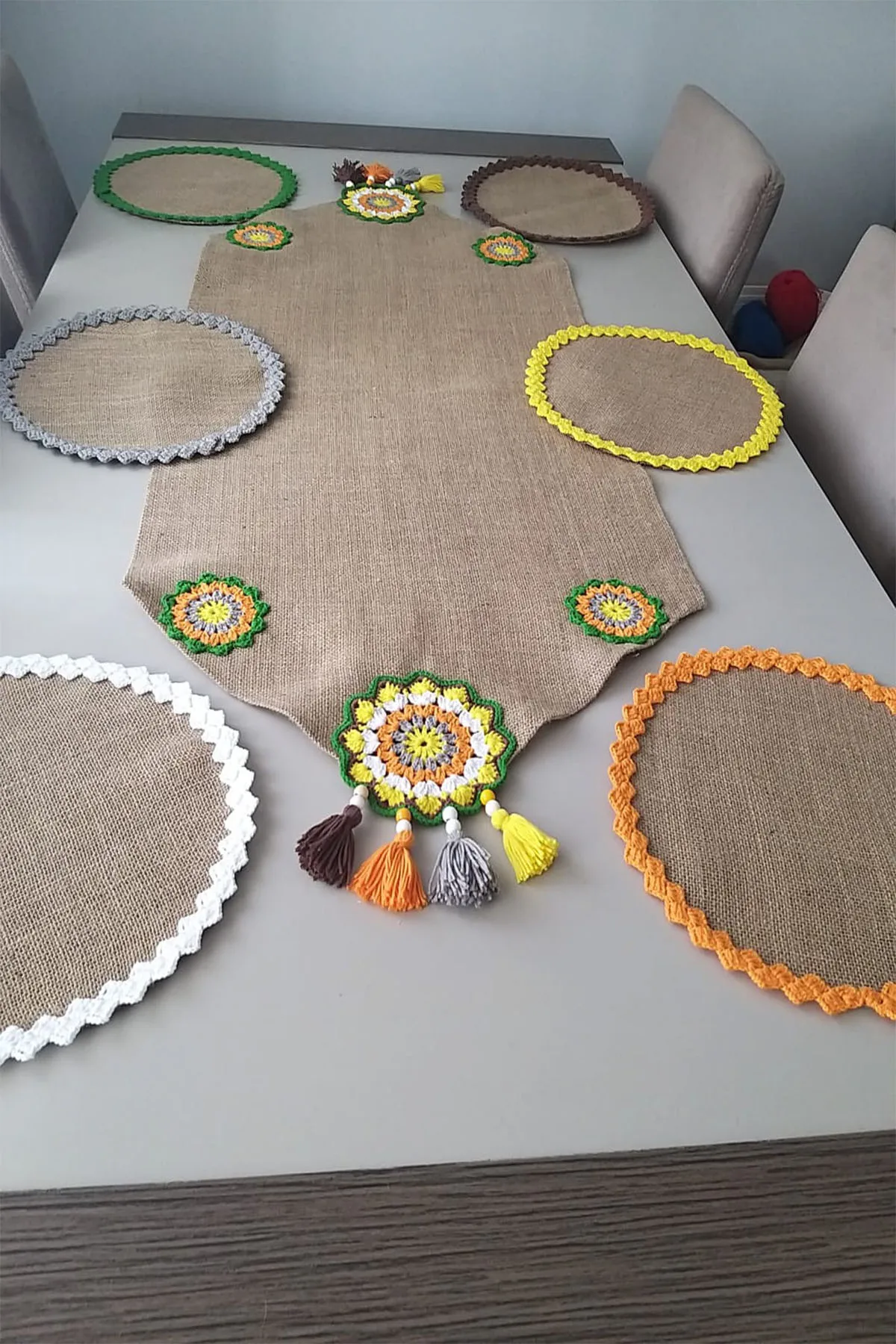 

Supla and Runner set, Dinner Service, Knitted, Jute Fabric, Underplate, Coaster, American Service, plate Mat, Placemat