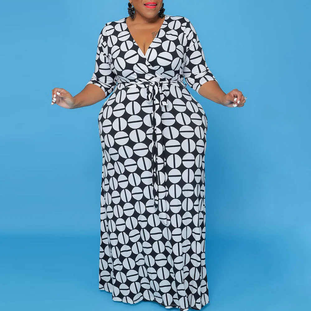 

Женское платье с V-образным вырезом, длинным рукавом и принтом