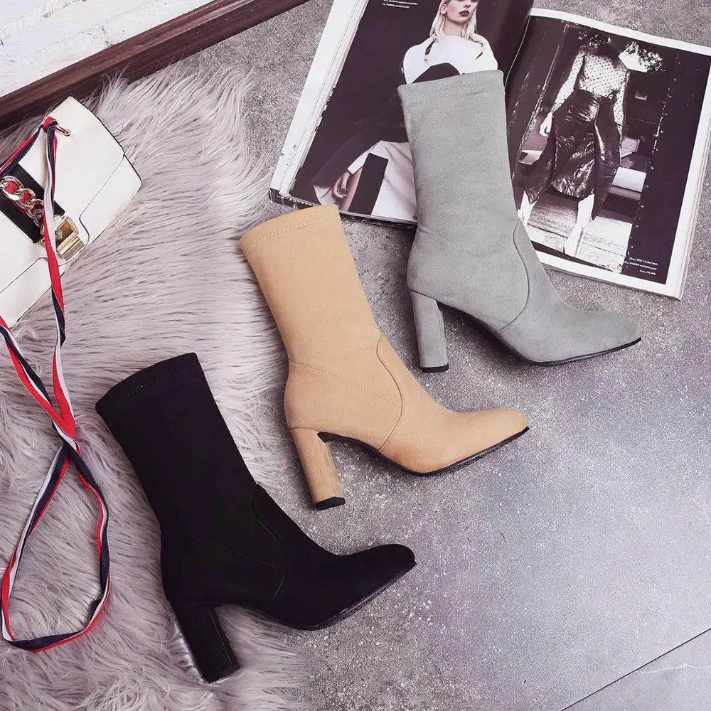 Женские ботинки-носки на высоком каблуке Эластичные ботильоны из флока ботинки с
