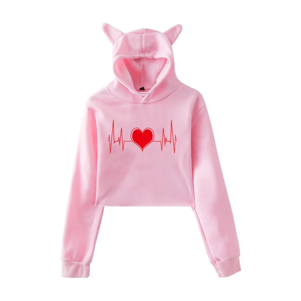 С кошачьими ушками однотонная женская толстовка с длинными рукавами и вышивкой