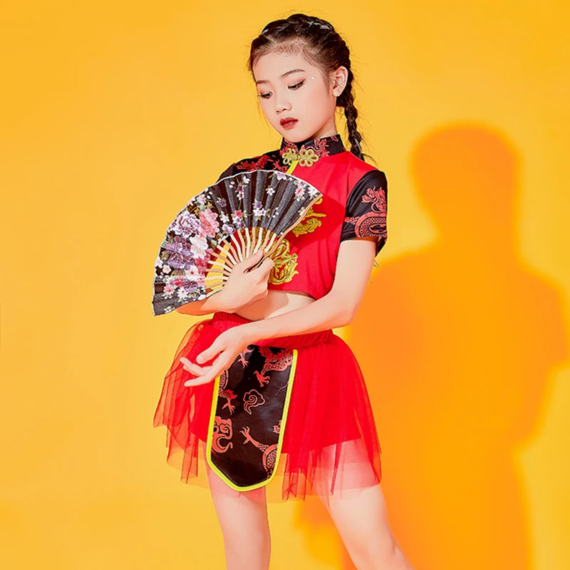 

Костюм джазовый детский в китайском стиле, одежда для выступлений в стиле хип-хоп, красный танцевальный костюм для девочек, Rave 120-170, лето