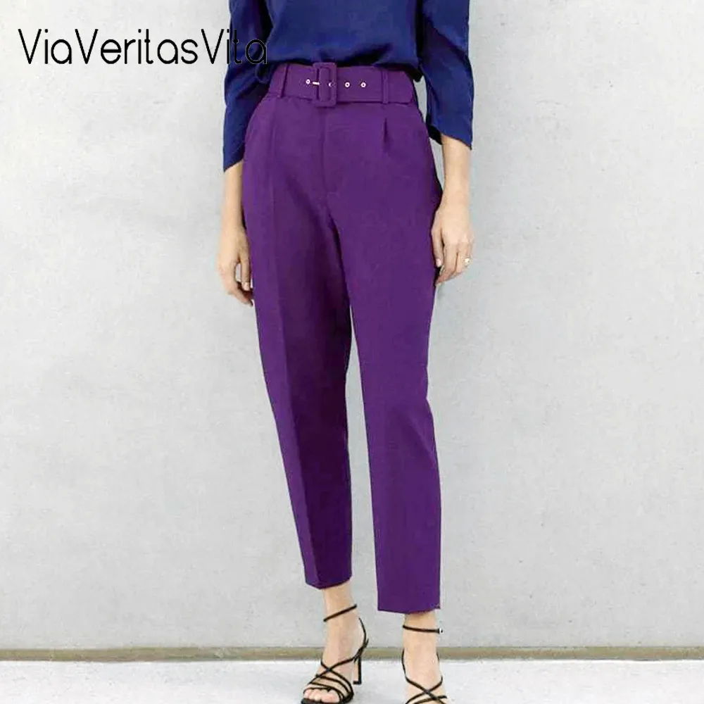 

Factory Sell Womens purple Office Pant Trousers High Waist straight Suit Pants Belt Female zora solid Pocket Pant Streetwear