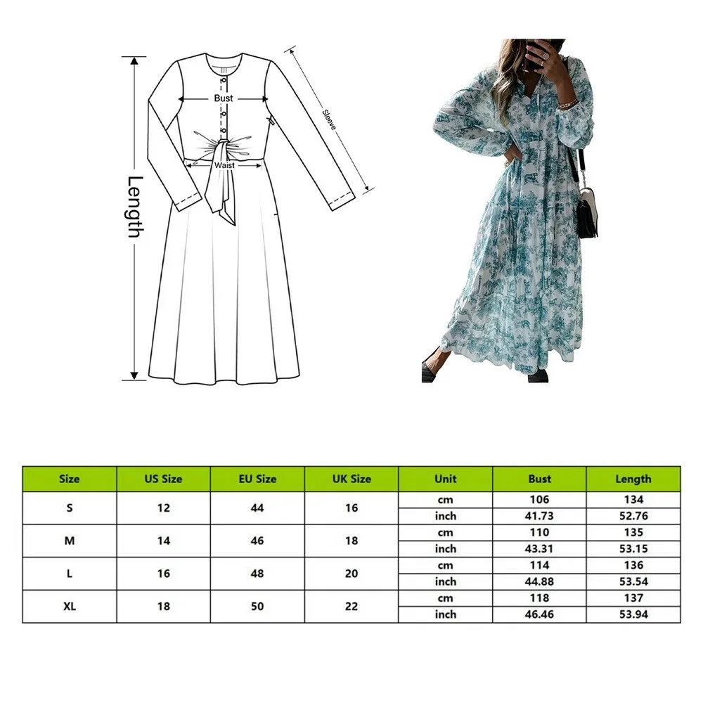 

Summer New Flower Print Loose Dress Fashion Lace-Up Drawstring V Neck Long Dress Women Elegant Long Sleeve Party Dress Mujer