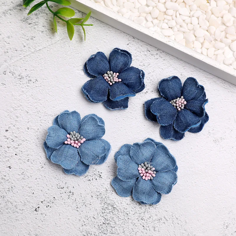 60 шт./лот 4 5 см аксессуары для волос ручной работы цветок роз джинсовая ткань