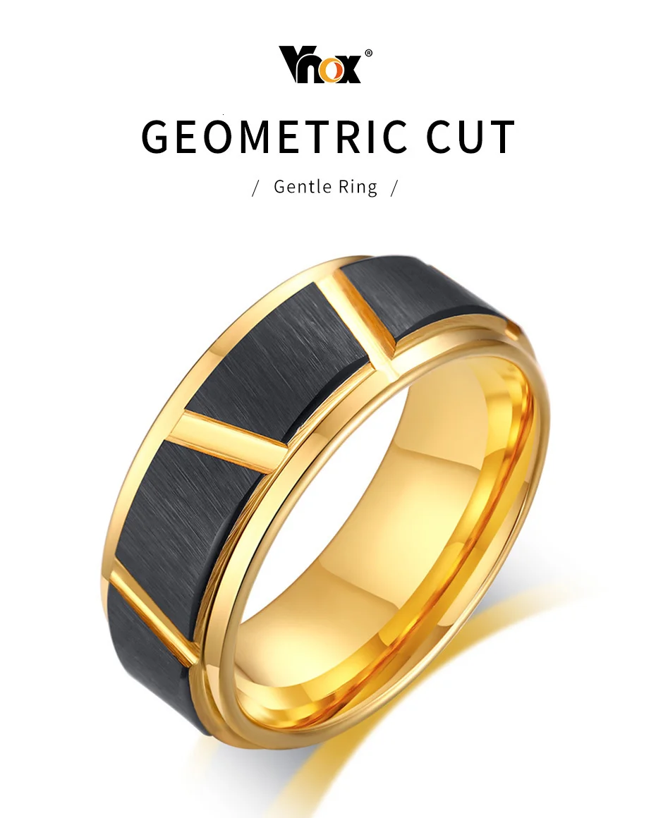 Vnox Cool Trimming Designed Rings for Men Gold and Black Tone 8MM Tungsten Carbide Wedding Bands Anel Accessory
