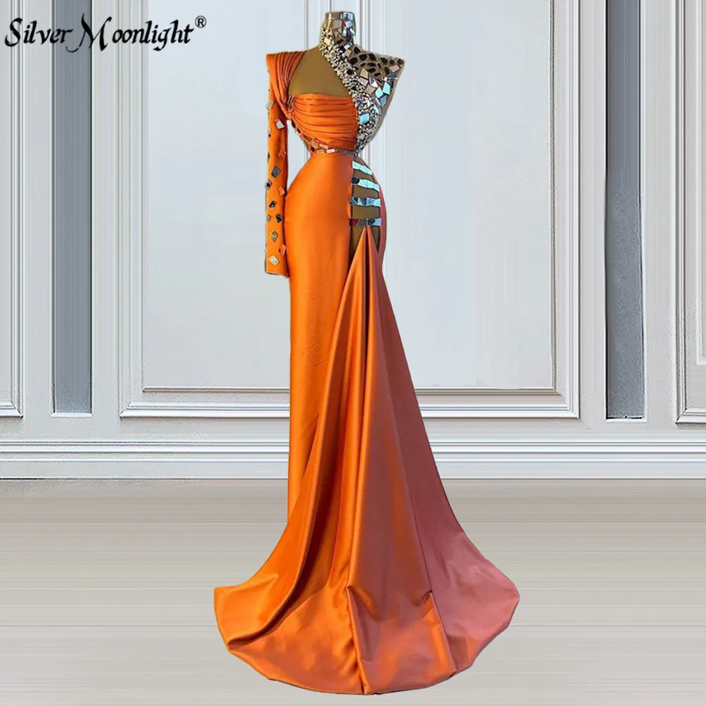 

Silver Rhinestones Orange Party Dress Women Birthday Long Dresses Evening Party Women Bar Singer Sexy Costume Model Show