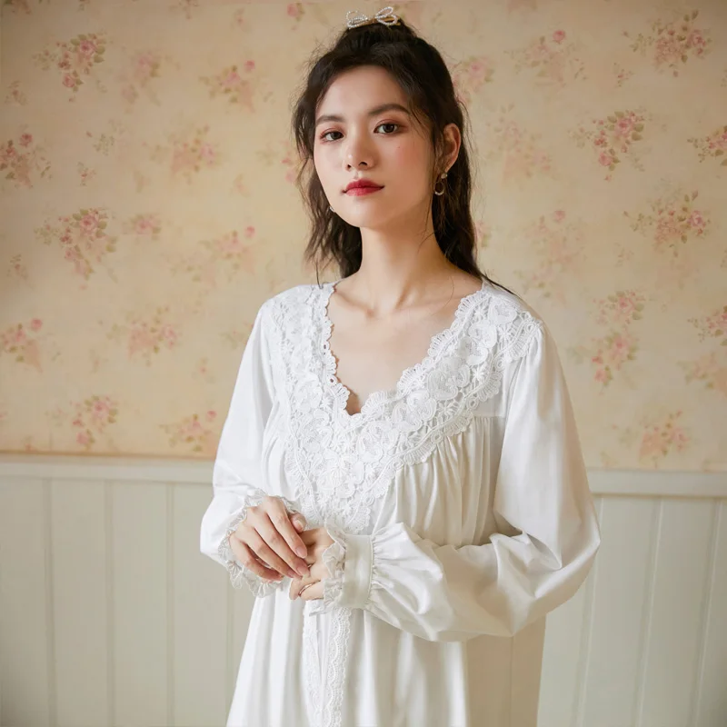 Women Spring Autumn 100% Cotton Full Sleeves Nightdress Sexy V-Neck Long Style Nightie Loose Design Princess Nightgown Sleepwear