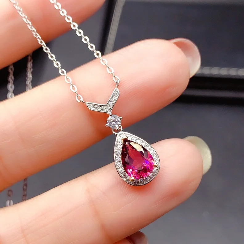 

Pendants for Necklace Jewelry 925 Sterling Silver Natural Rubellite Water Drop V-shaped Clavicle Chain Romantic Keepsake Jewelry
