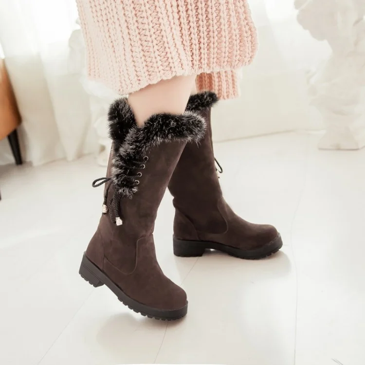 

Fashion Women's Rounded Toe Square Heels Knee-High Snow Boots Lace-up Suede Plush Short Booties Keep Warm Autumn Winter