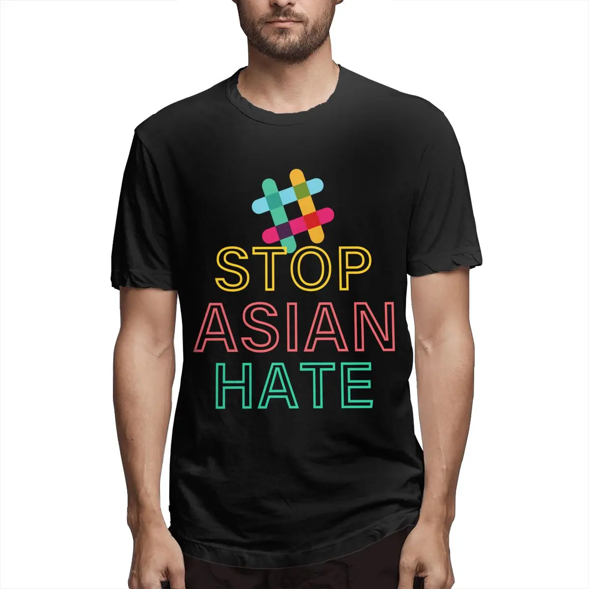 

Anti Hate Asian People Black Men Novelty Tee Shirt Short Sleeve Crew Neck T-Shirt Cotton Birthday Present Clothing