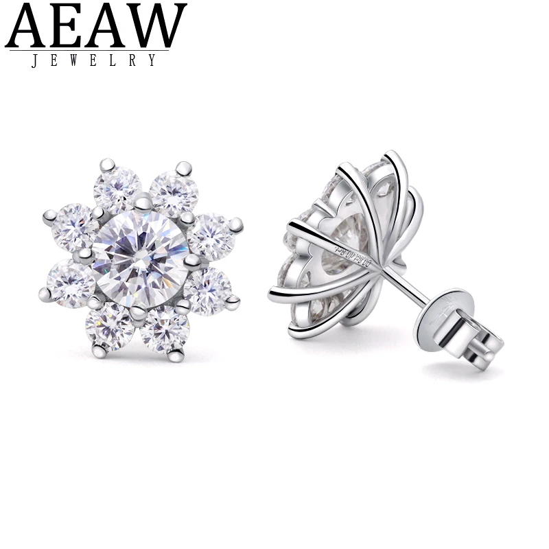 

AEAW 1.0ctw 5.0mm Round Excellent Cut DF Color VVS1 Moissanite Earrings Flower Real 18K White Gold Stud Push Back