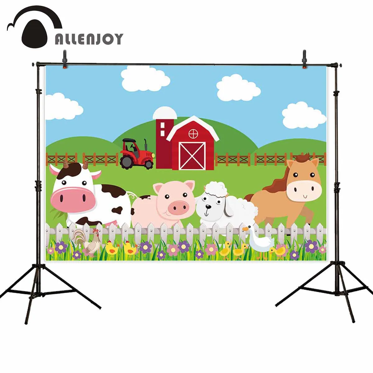 Allenjoy весенний фон ткань зеленый газон Красный трактор сарай корова свинка