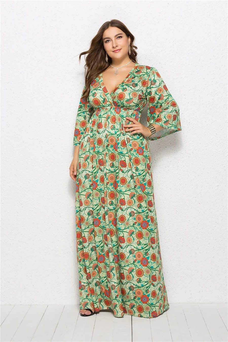 

2020 New Fashion Autumn Floral Print Sexy Elegant High Waist Dress Deep V-Neck Middle Sleeve Dress Elegant Sundress Plus Size