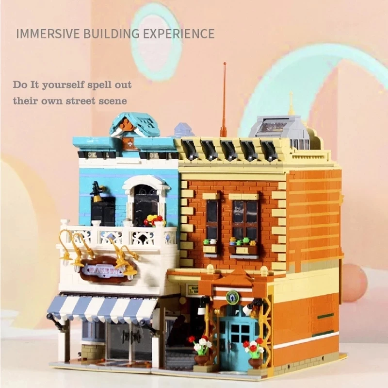 

Dg2004 City Buildings Bakery And Barber Shop With Light House Architecture City Street View Building Blocks Toys Kids Gifts