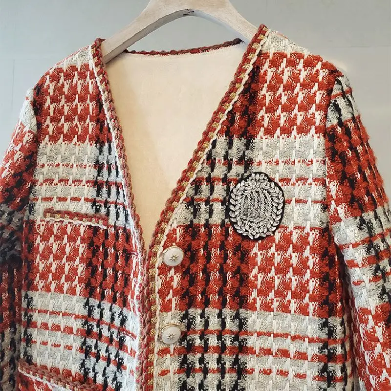 

Winter Outwear Elegant Luxury Long Sleeve Vintage V-Neck Houndstooth Plaid Tweed Jackets Coat Women Autumn