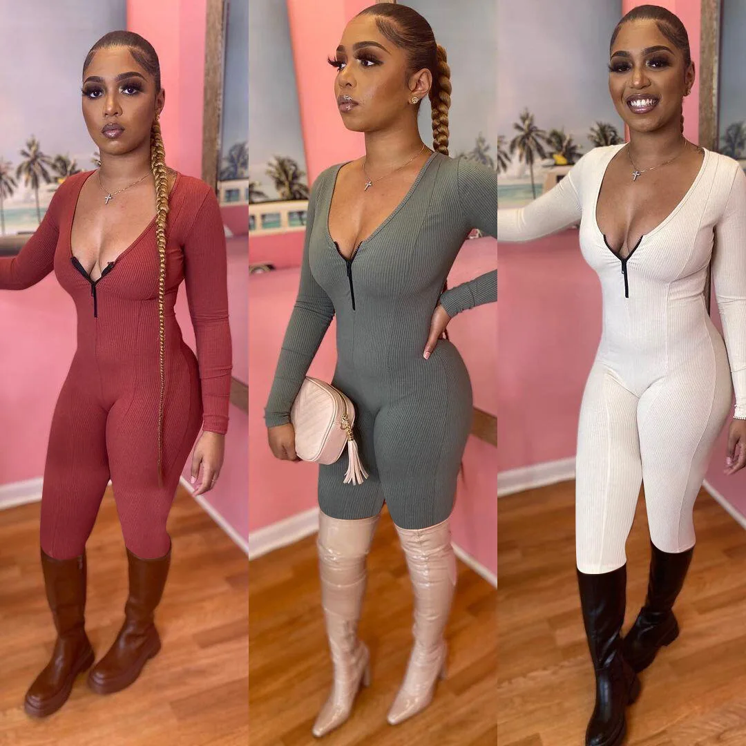 

Casual Solid Color Knitted Ribbed Jumpsuit Women Sexy Zipper V Neck Long Sleeve Pencil Pants Fitness One Piece Overalls
