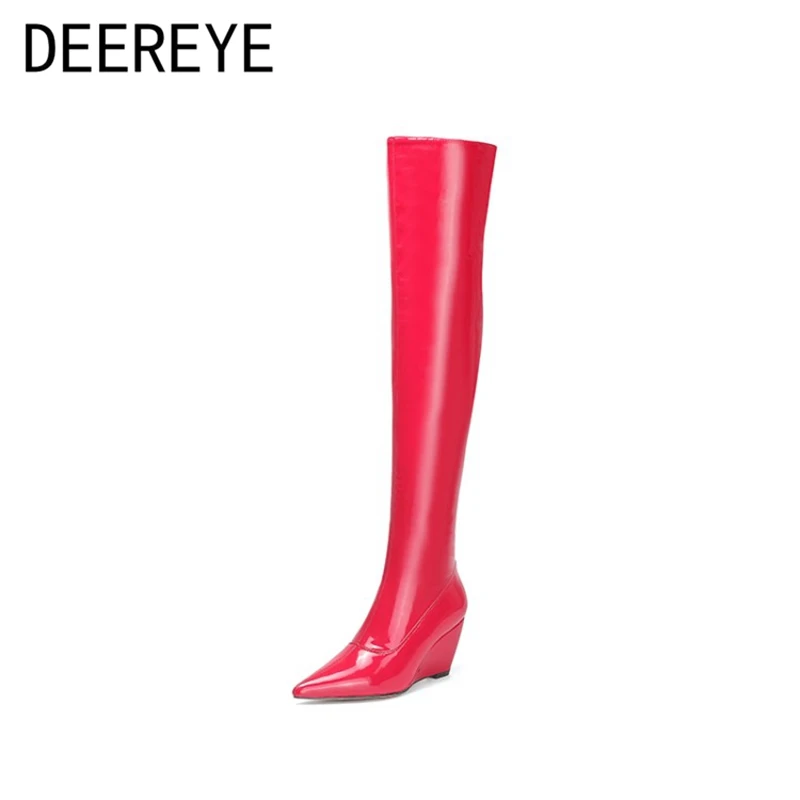 

Women's Winter Stretch Patent Leather Over The Knee Thigh High Boots Wedge Heel Pointed Toe Side Zipper Luxury Shoe Black Red