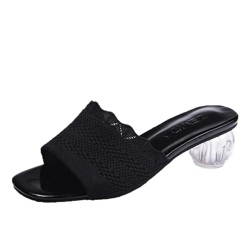 

Knitted ruffles open toe slippers women breathable fly weaving flip flops trendy chunky lantern high clear heels slides mujer