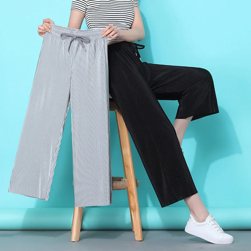 Женские Плиссированные широкие брюки в полоску женские укороченные с эластичным