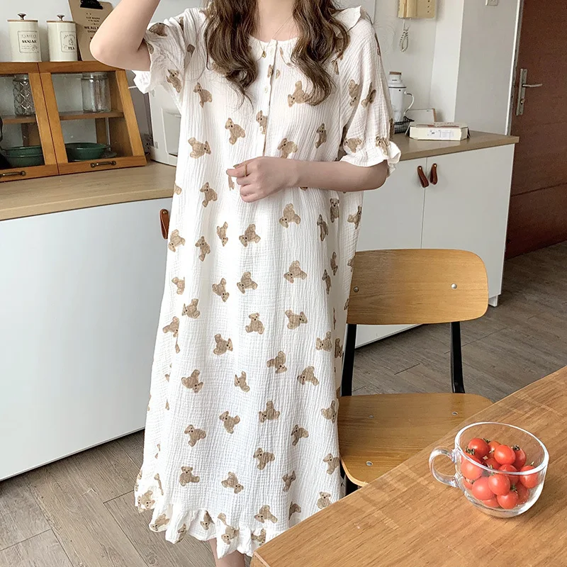 

Summer new skin-friendly cotton yarn ladies nightdress cute bear casual home wear pajamas dress