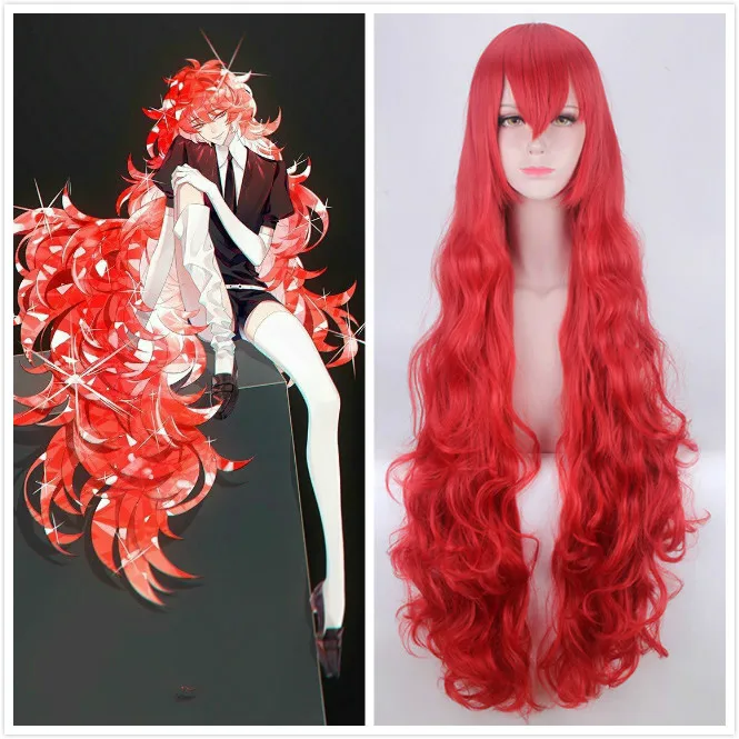 

110cm Houseki No Kuni Land of The Lustrous Padparadscha Red Curly Wavy Long Cosplay Heat Resistant Synthetic Hair + Free Wig Cap