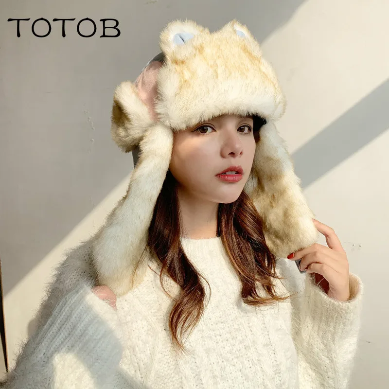 Female autumn and winter cartoon earmuffs to keep warm tide aircraft cap cat ears ski hat outdoor Lei Feng Korean version | Аксессуары