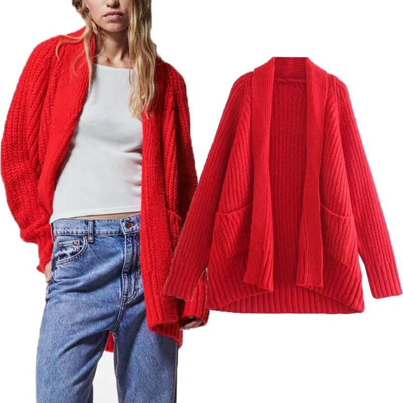 

Женский кардиган с воротником-шалью ZA, красный вязаный кардиган оверсайз с длинным рукавом, элегантный пурпурный вязаный свитер, зима 2021