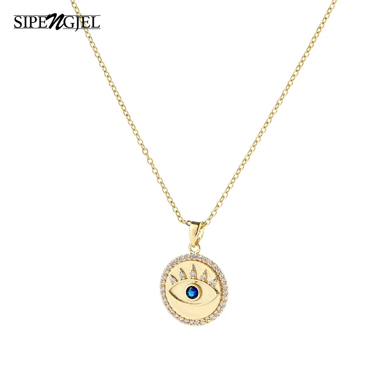 

Fashion Ladies Gold color Eye chore Necklace Pave Blue Cz Sun Round Amulet Pendant Necklaces For Women Jewellery Wholesale
