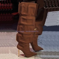 new long brown letters boots side zipper solid stilettos high heel knee high white women boots big size shoes botas de mujer new