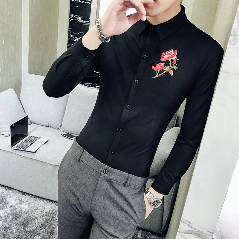 Рубашка мужская с вышивкой приталенный дизайн Топ длинным рукавом модная майка