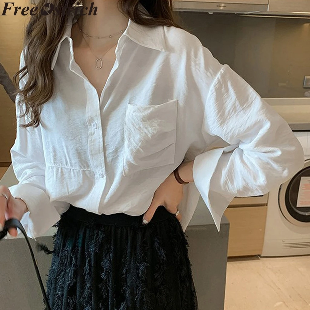 Женская офисная блузка с длинным рукавом однотонная свободная деловая белая