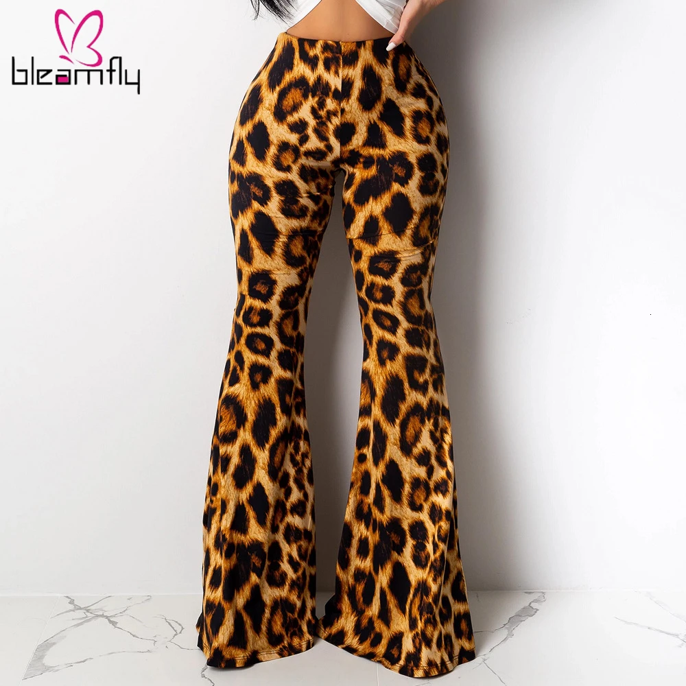 Осень Зима для женщин Высокая талия с леопардовым принтом расклешенные брюки