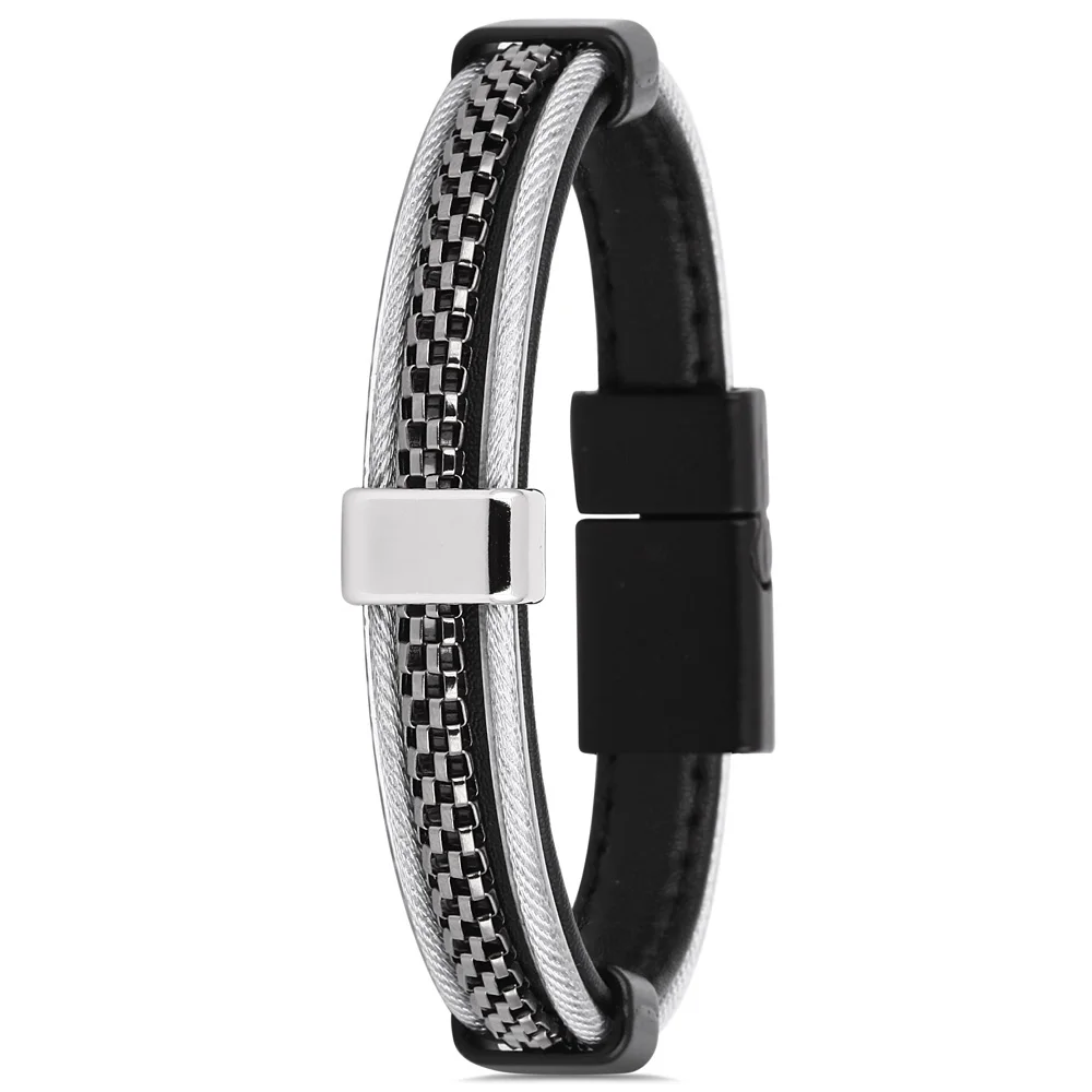 

Parigi PRGJWG144-01 Mens Bracelet Bangles Fashion Jewelry Steel Leather Metallic Gray Black Birthday Gift for Mens