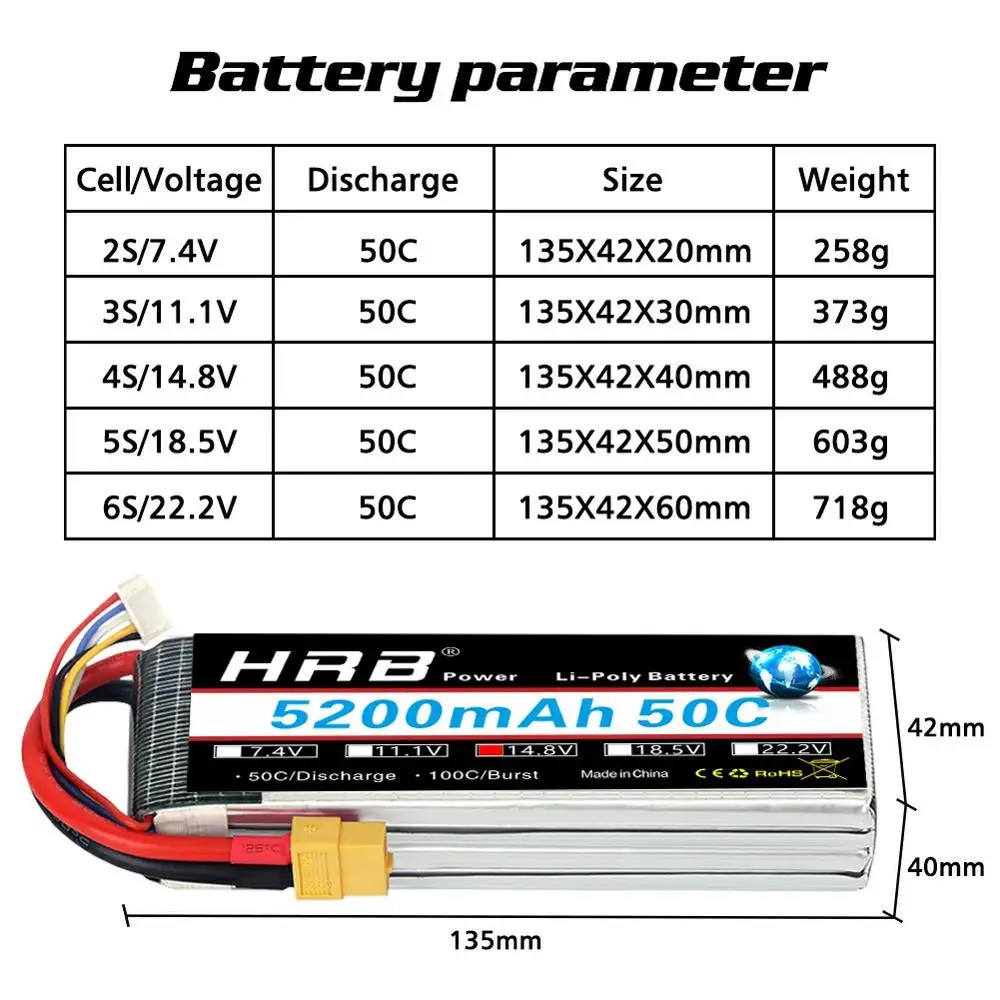 Аккумулятор HRB Lipo 2S 5200mah 3s 4s 11 1 v 14 8 RC Battery 50C с разъемом XT60 для радиоуправляемого