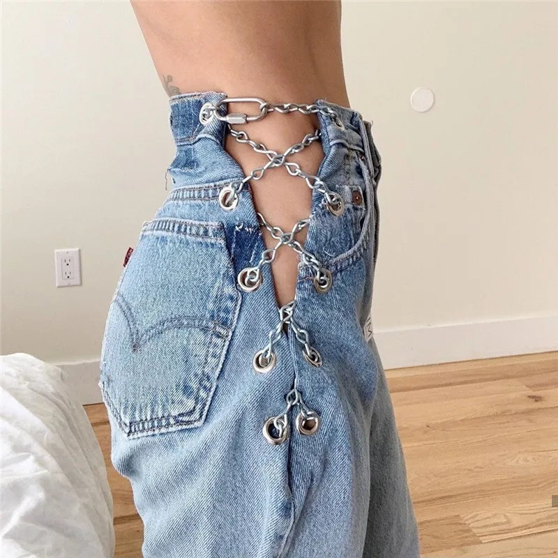 

New Sexy Side Lace Up Straight Leg Trousers for Women Fashion Bandage Hollow Out Chain Bell Bottom Pants High Waist Night Club
