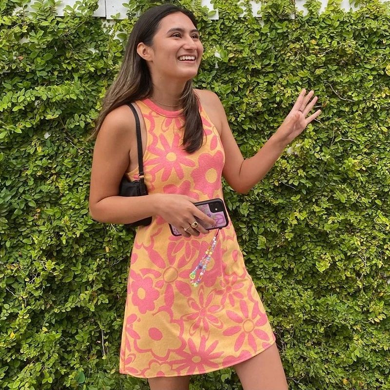 

Rockmore Knitted Print Mini Dress y2k Aesthetic Tanks Dress O Neck Summer Beach Party Sleeveless Short Sundress Women Vintage