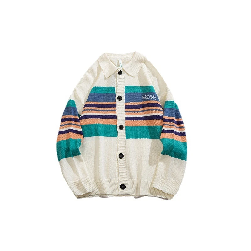 

Japanese Harajuku Embroidered Dreams Collared Cardigan for Men Urban Mens Streetwear Knitted Striped Knitted Cardigan Sweater