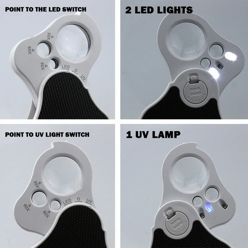 

30X 60X 90X Jewelers Foldable Pocket Magnifier Magnifying Glass with LED Light and UV Light
