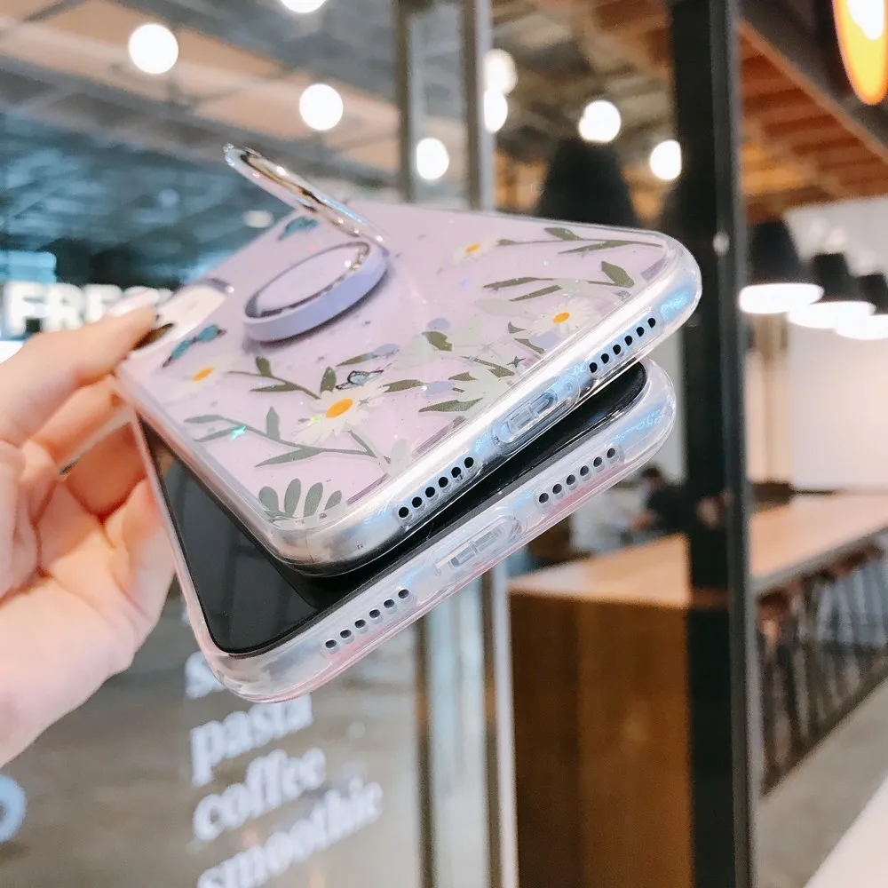 

Beautiful flower transparent mobile phone case for iPhone11 11promax 7 8 plus xsmax x xs xr case Mobile phone shell with ring