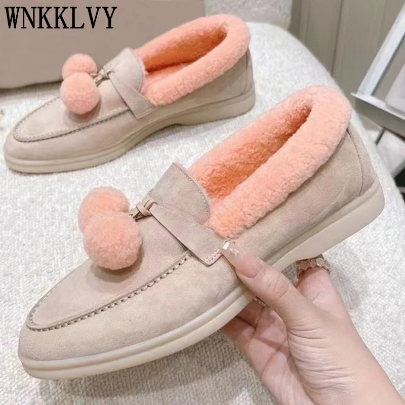 

High quality Flat Casual Shoes Women round toe fur Lining loafers Autumn Winter new Outdoor comfor keep warm walking shoes