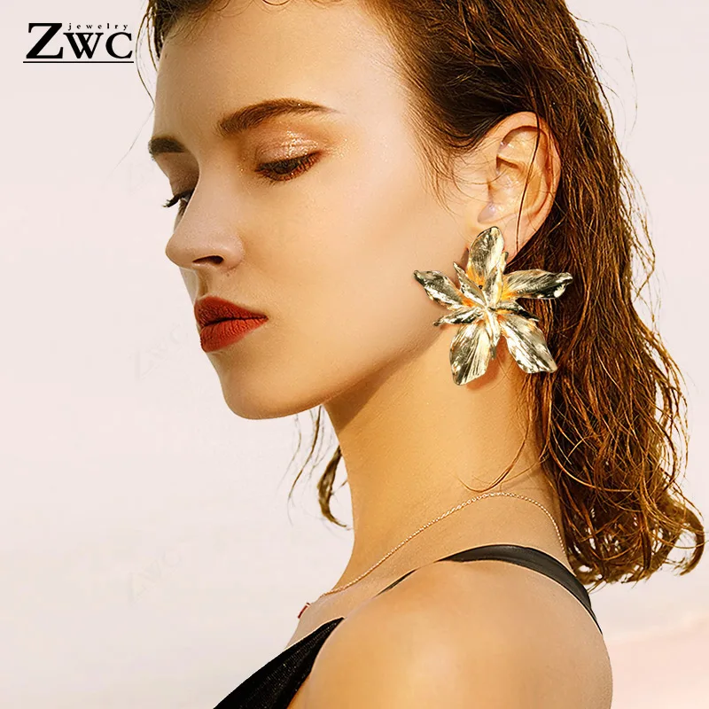 ZWC креативные модные Многослойные цветочные серьги-гвоздики для женщин, свадебные металлические большие стерео серьги, Винтажные Ювелирные Изделия