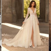 long sleeve lace wedding dresses 2021 tulle v neck bridal dress high split a line wedding gown robe plus size robe de mariee