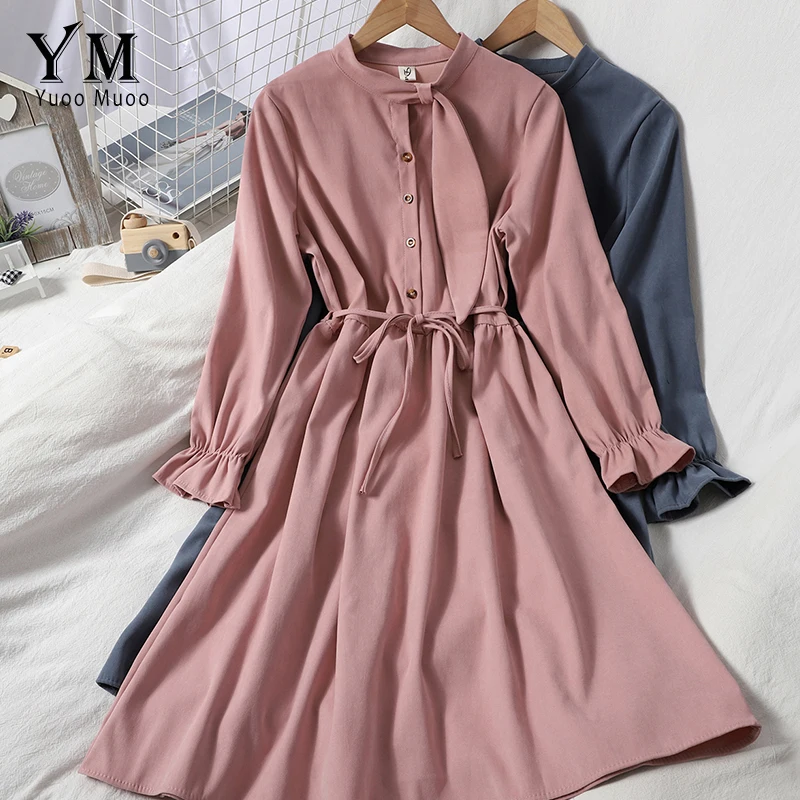 Женское платье рубашка YuooMuoo винтажное трапеция с воротником стойкой и поясом на