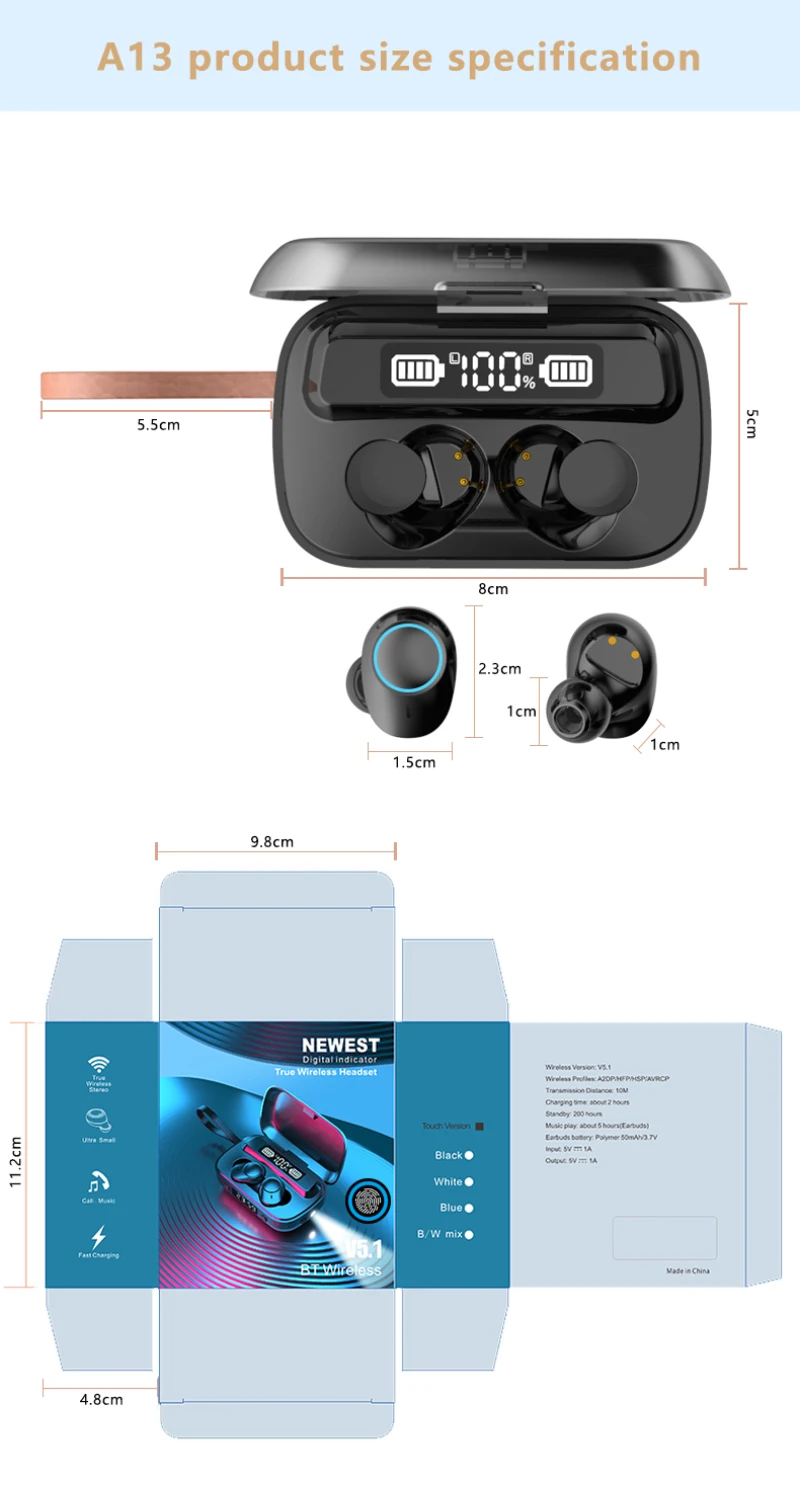 

A13 TWS Bluetooth Earphones IPX7 Waterproof Music Headset Stereo Sport Earbuds Works On All Smartphones Mini Wireless Headphones