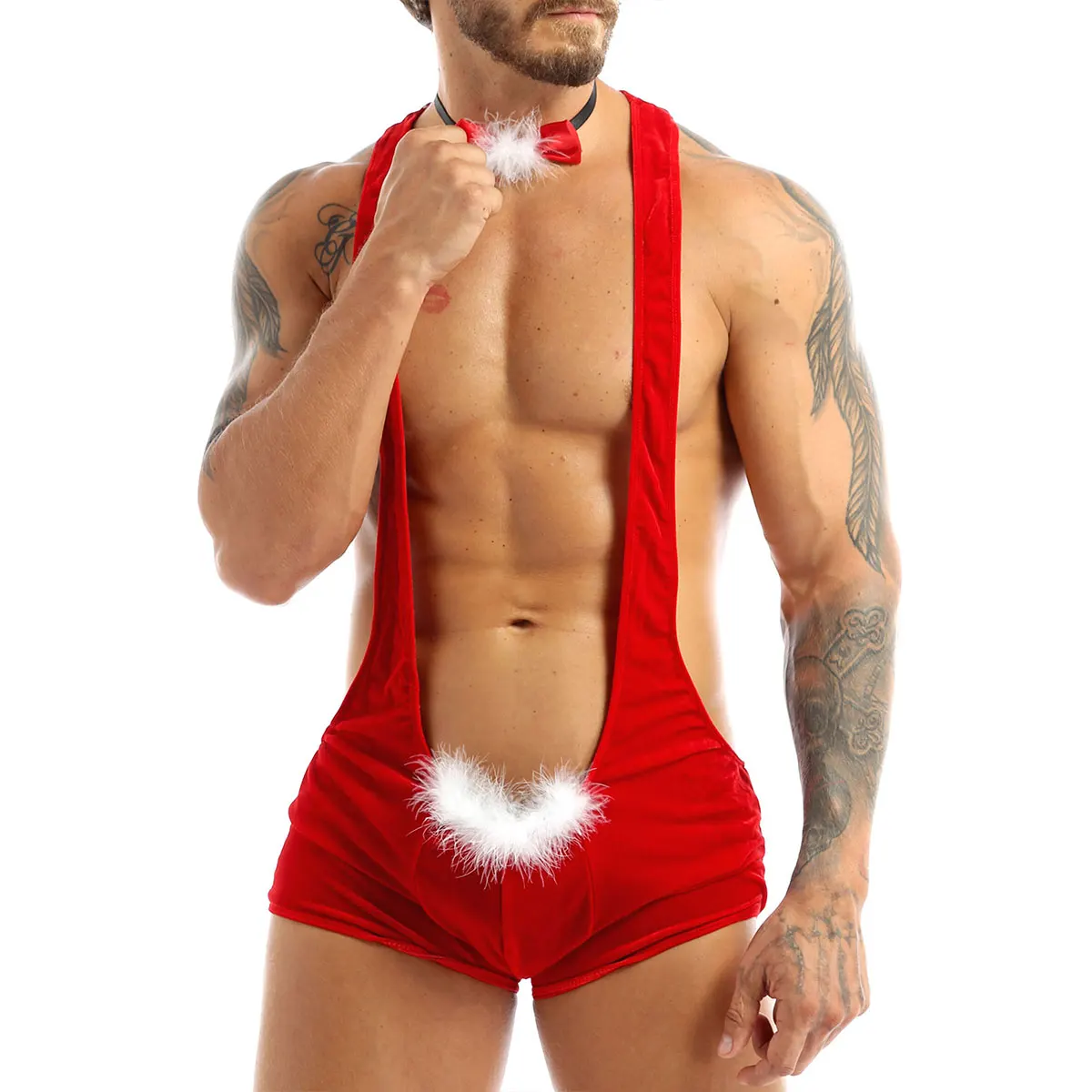 

Men Gay Christmas Costume Racer Back Bulge Pouch Soft Velvet Leotard Jockstrap Underwear Jumpsuits Wrestling Singlet with Bowtie