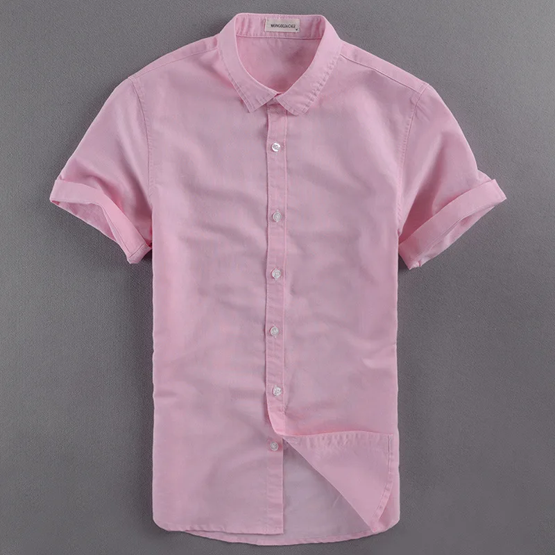 

down men's turn collar short sleeves linen cotton shirt casual summer shirt men white pink khaki sky blue dress shirts male