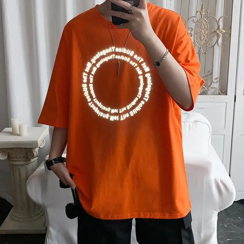

Японская футболка из 100% хлопка, мужская оранжевая Светоотражающая футболка, Белая Летняя забавная одежда для пары в стиле хип-хоп, японские ...