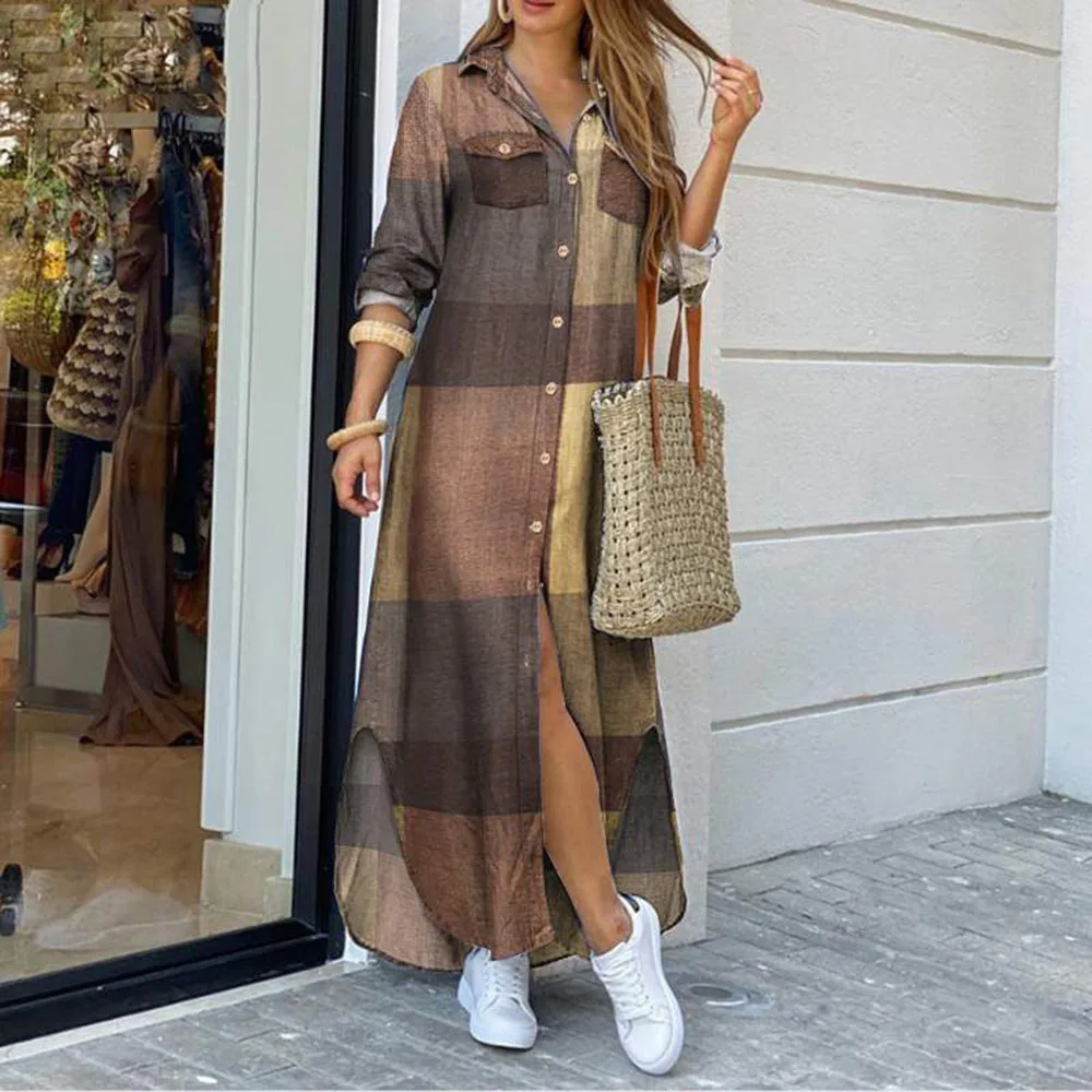 

Autumn Casual Long Dress Oversized Long Sleeve Button Up Women Pattern Print Loose Female Office Ladies Maxi Shirt Dress