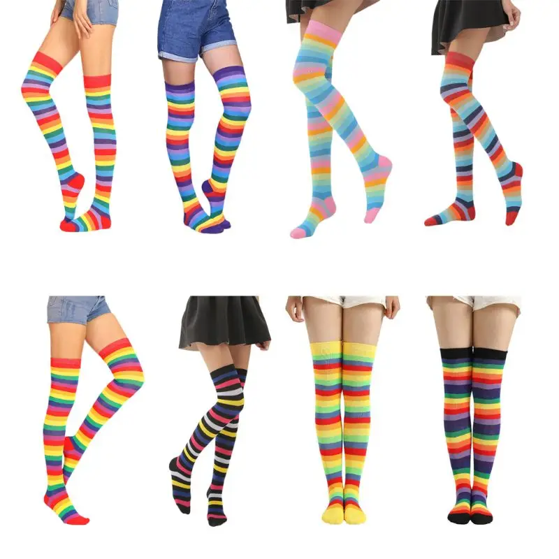 

Women Girls Fancy Rainbow Colorful Stripes Over Knee Long Socks Halloween Cosplay Costume Knitted Stretchhy Thigh High Stockings