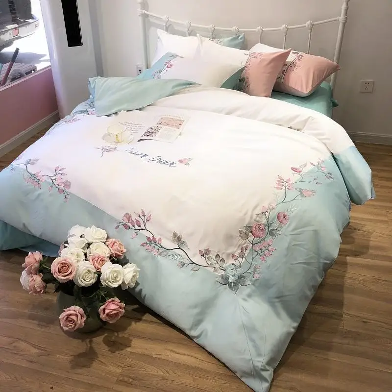 

Pink Blue Purple Princess Bedding Set Queen King Size Bed set Embroidery Duvet Cover Bed Sheet Bedlinens set Pillowcases